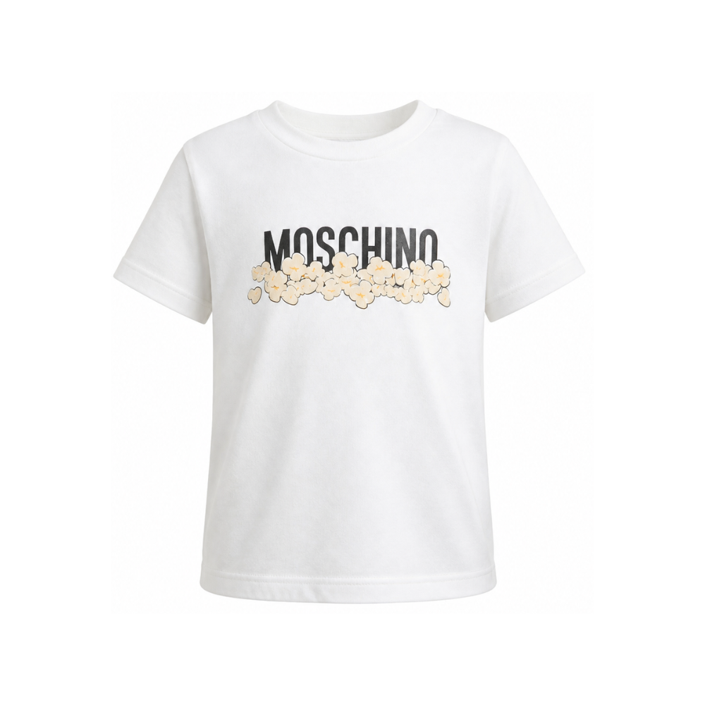 T-shirt per bambini Moschino Kids bianca con stampa grafica con logo H6M058LAA20 10063 MOSCHINO KIDS