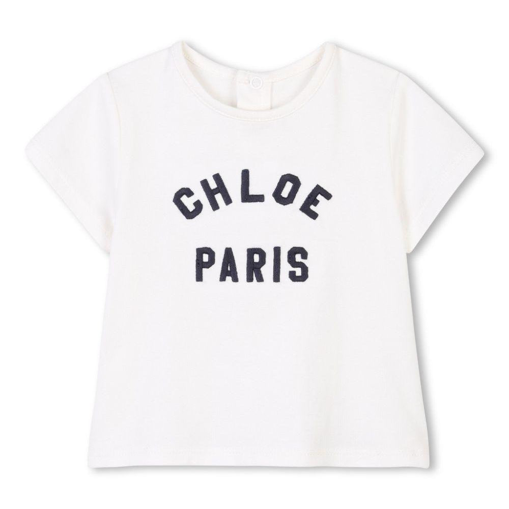 T-shirt per neonata Chloé Kids bianco con ricamo con logo frontale C20525 117 CHLOE' KIDS
