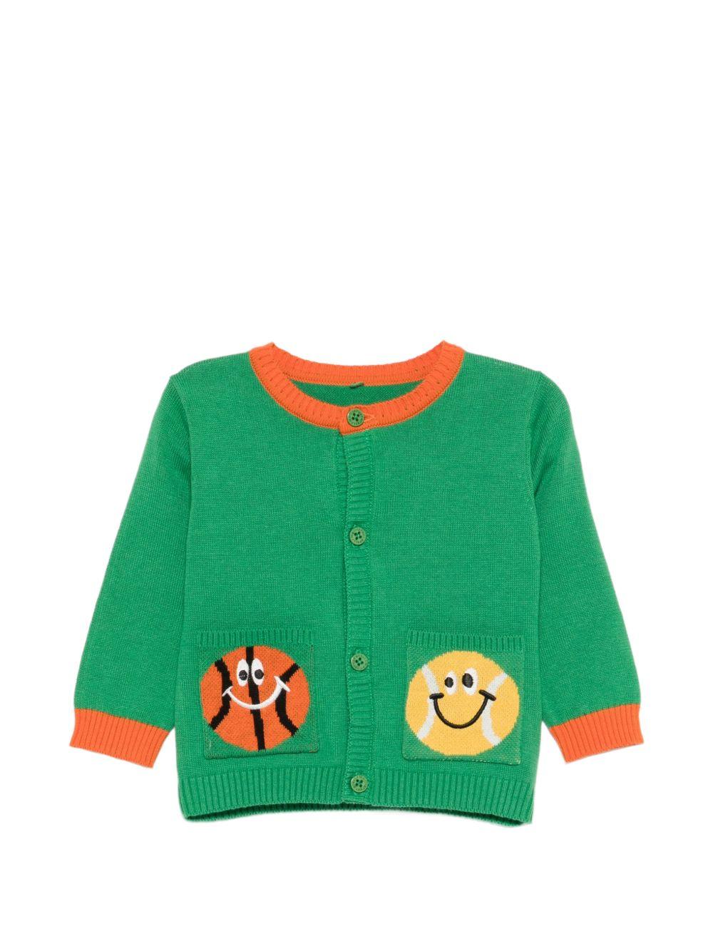 Cardigan per neonato Stella McCartney Kids verde con ricamo palline da tennis e basket TY9500 Z2922 769 STELLA McCARTNEY KIDS