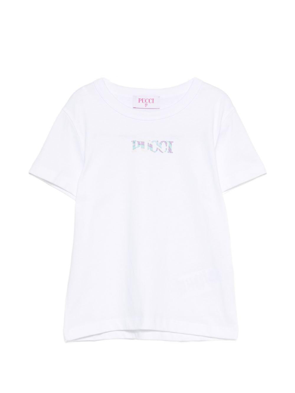 T-shirt per bambina Emilio Pucci Junior bianca con dettaglio logo con motivo Iride PZ8A21 Z3672 100 EMILIO PUCCI KIDS