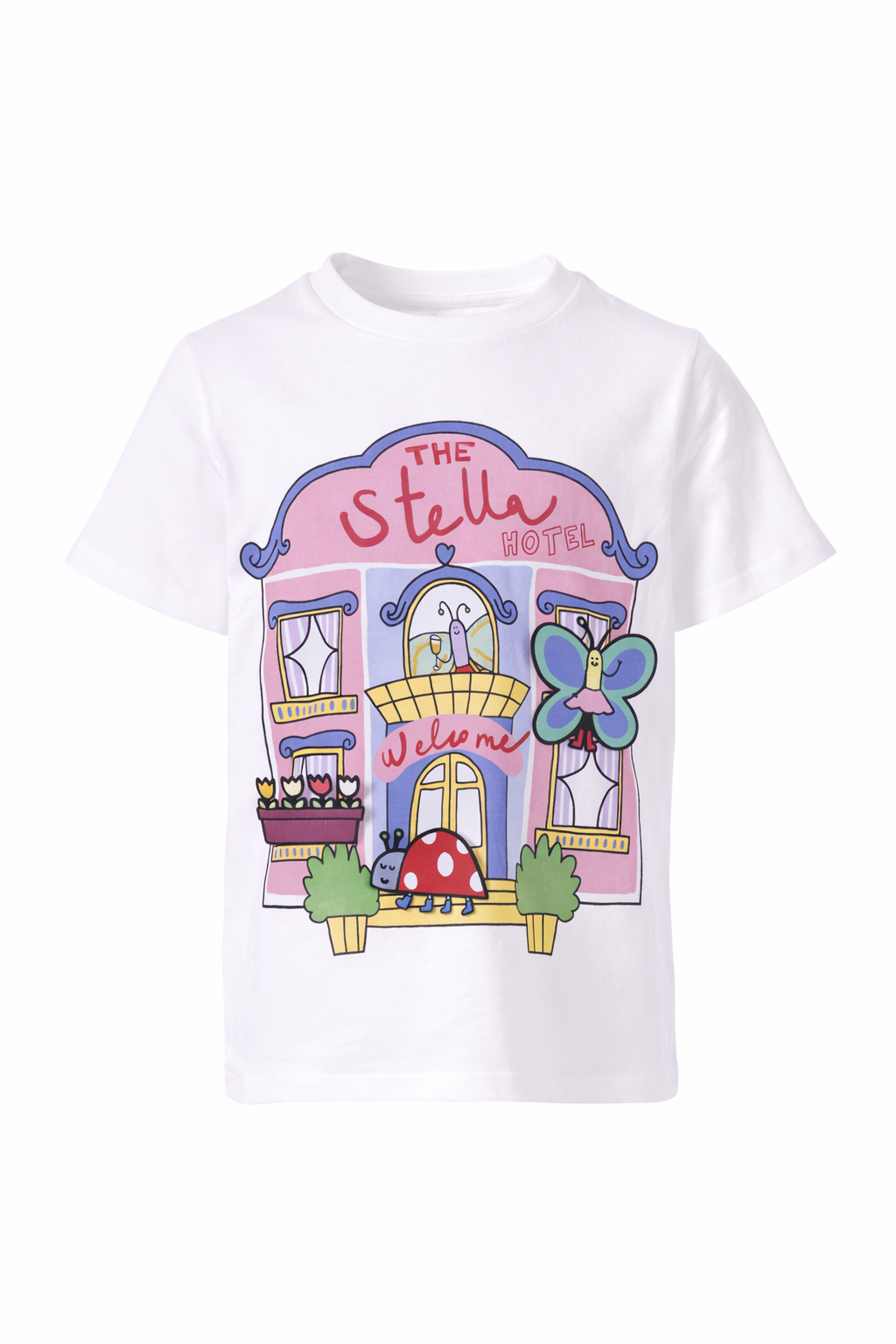 T-shirt per bambina Stella McCartney Kids bianca con scritta "The Stella Hotel" TY8A11 Z0434 101 STELLA McCARTNEY KIDS