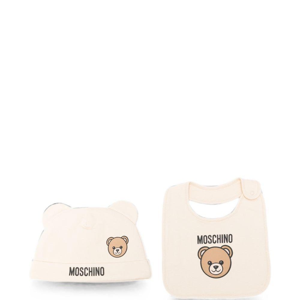 Set berretto e bavaglino per neonati Moschino Kids beige con motivo Teddy Bear MUY09NLCA40 20404 MOSCHINO KIDS