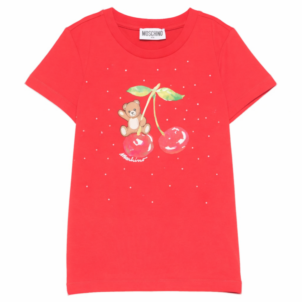 T-shirt per bambina Moschino Kids rossa con grafica ciliegia HFM06KLBA10 50109 MOSCHINO KIDS