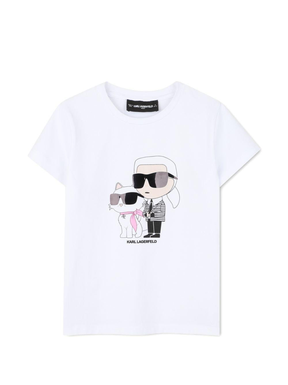T-shirt per bambina Karl Lagerfeld Kids bianca con stampa Karl e Choupette sul davanti Z31157 10P KARL LAGERFELD KIDS