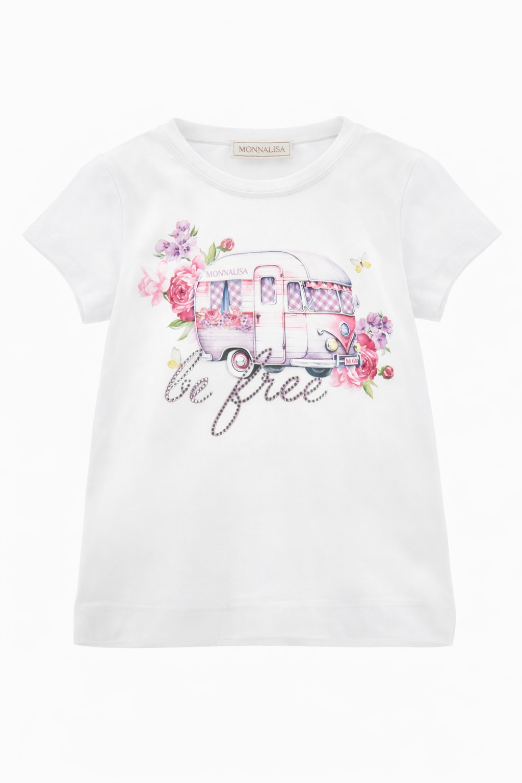 T-shirt per bambina Monnalisa bianca con grafica e decorazioni in strass 19G602 7001 0099 MONNALISA KIDS
