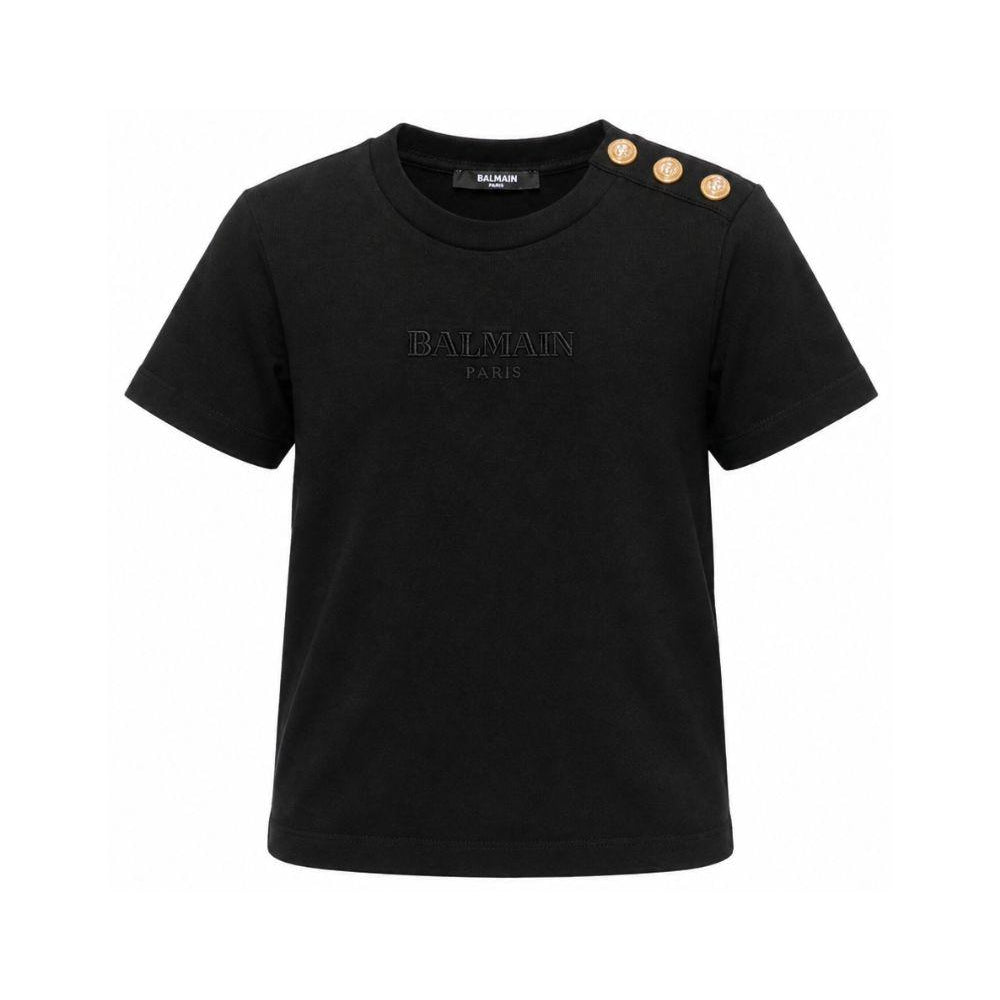 T-shirt per bambini Balmain Kids nera con dettaglio bottoni sulla spalla BZ8I81 Z3672 930OR BALMAIN KIDS