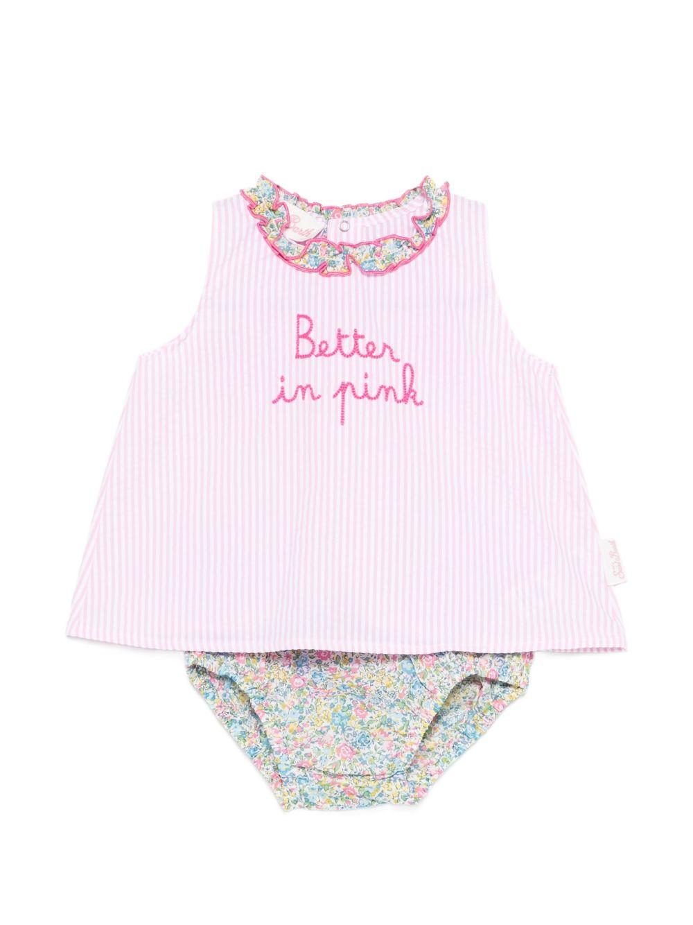 Abito Abbie per neonata MC2 Saint Barth Kids rosa con scritta ricamata "Better in pink" sul davanti ABB0002 03881L MC2 ST. BARTH KIDS
