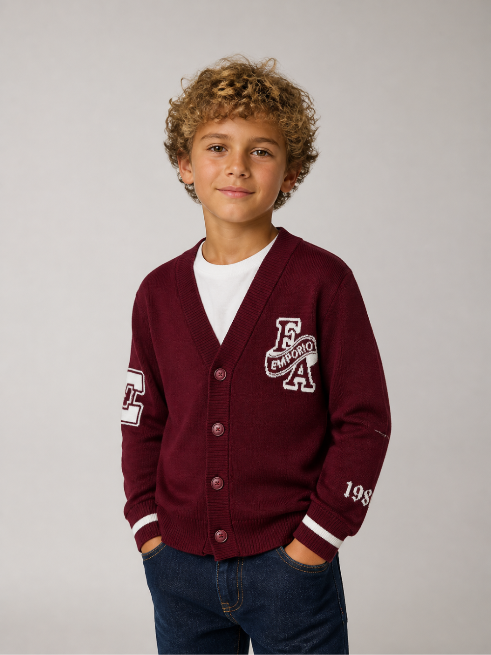 Cardigan per bambino Emporio Armani Kids bordeaux a maniche lunghe EB001686 AF27314 UA343 EMPORIO ARMANI KIDS
