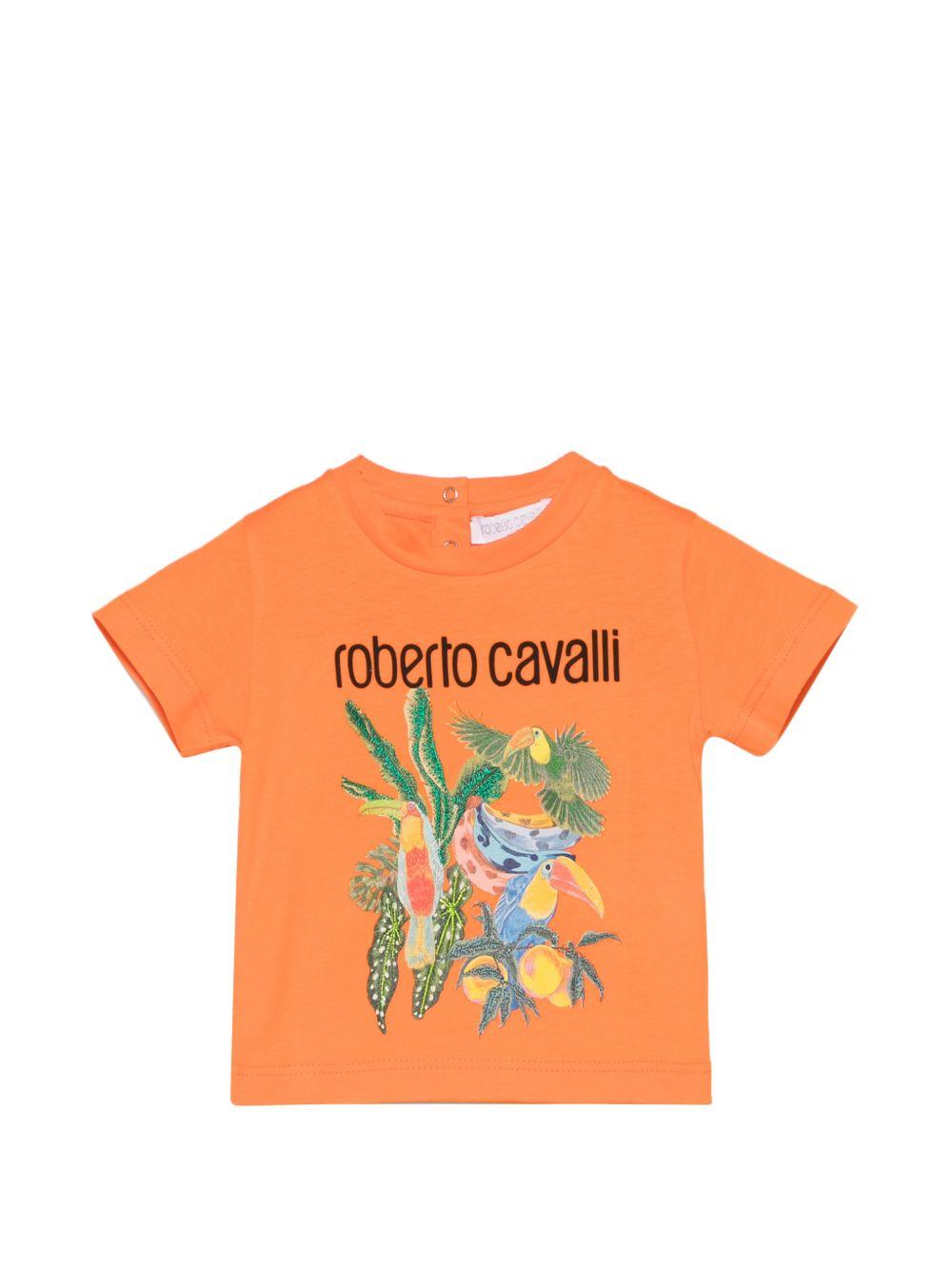 T-shirt per neonato Roberto Cavalli Kids arancione con stampa grafica tropicale CIP26083TS ORANGE BOP ROBERTO CAVALLI KIDS
