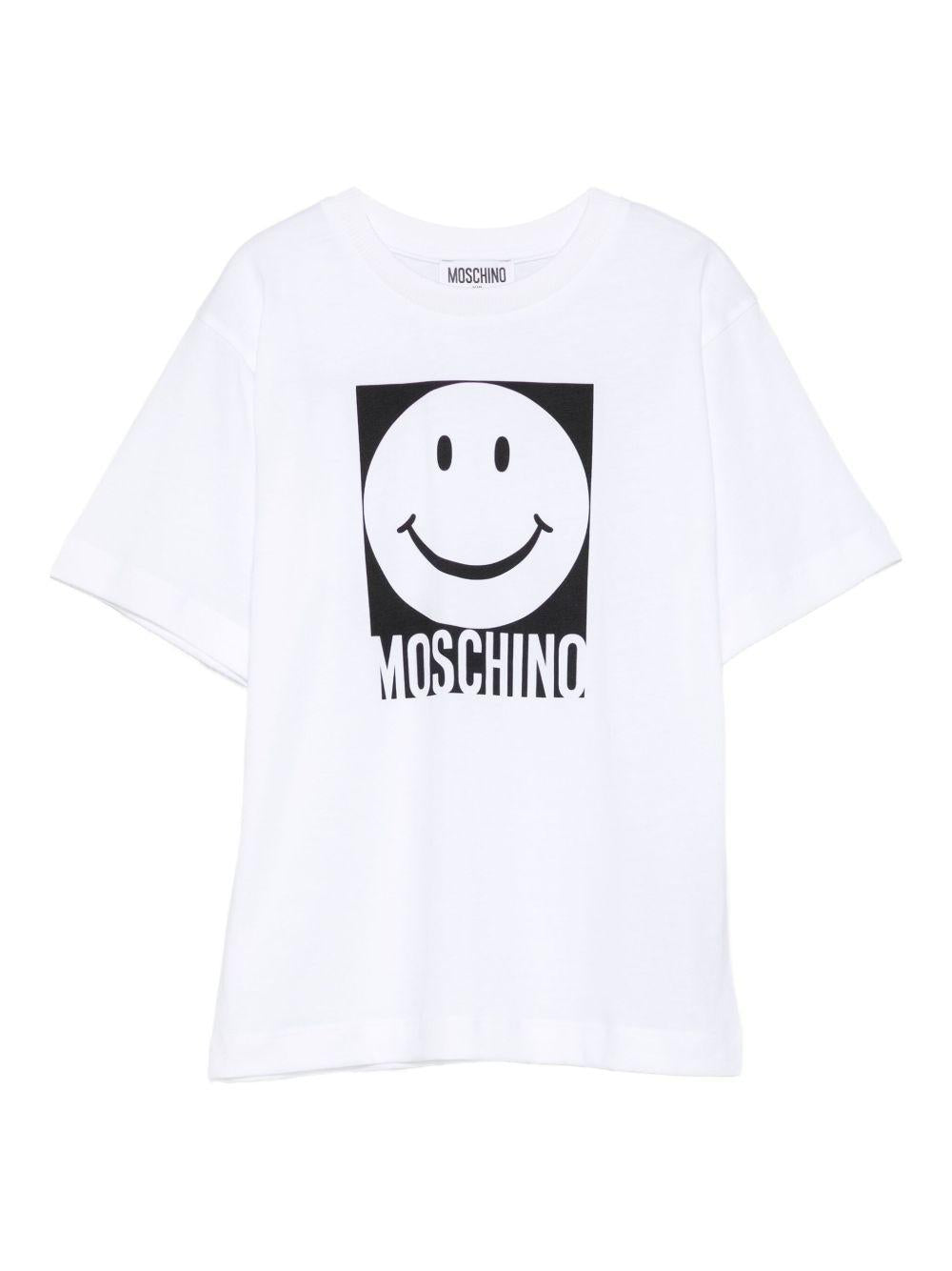 T-shirt per bambino Moschino Kids bianco con motivo smiley HSM05GLAA01 10101 MOSCHINO KIDS