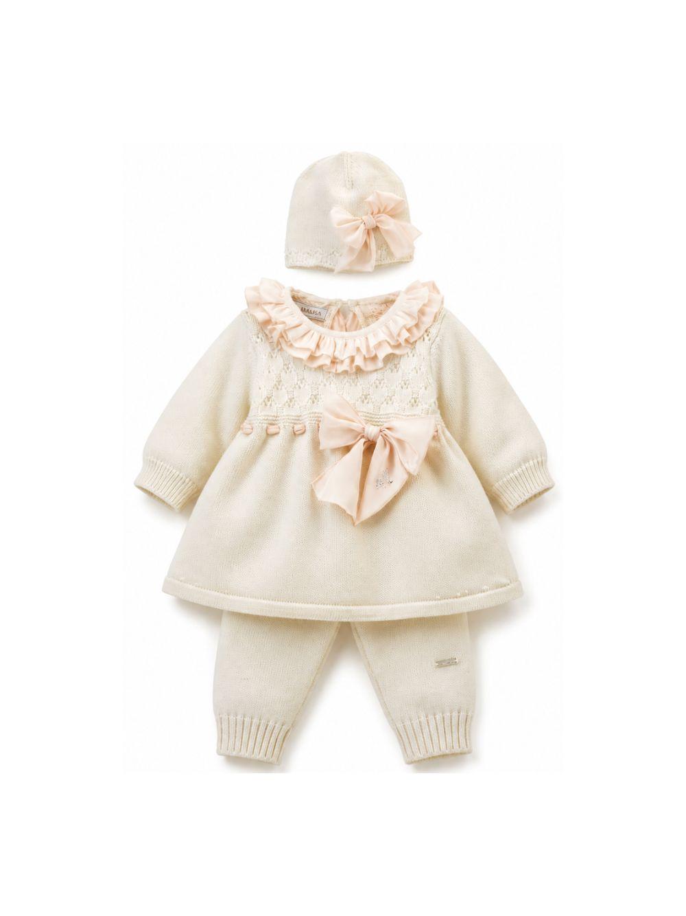 Set di tre pezzi per neonata Monnalisa Kids bianco con dettaglio con fiocco 35H512 8060 0191 MONNALISA KIDS