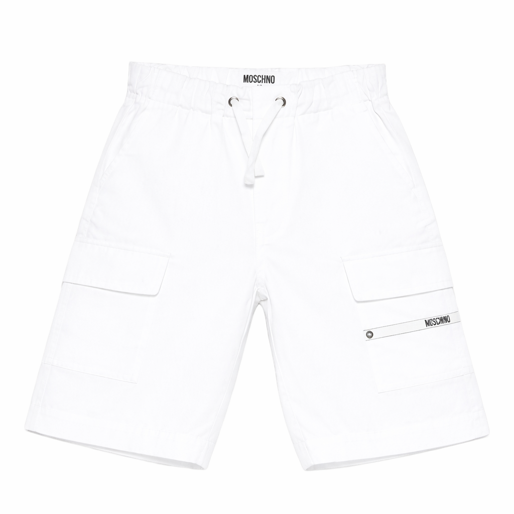 Shorts cargo per bambino Moschino Kids bianco con dettaglio logo HUQ02ILLA14 10101 MOSCHINO KIDS