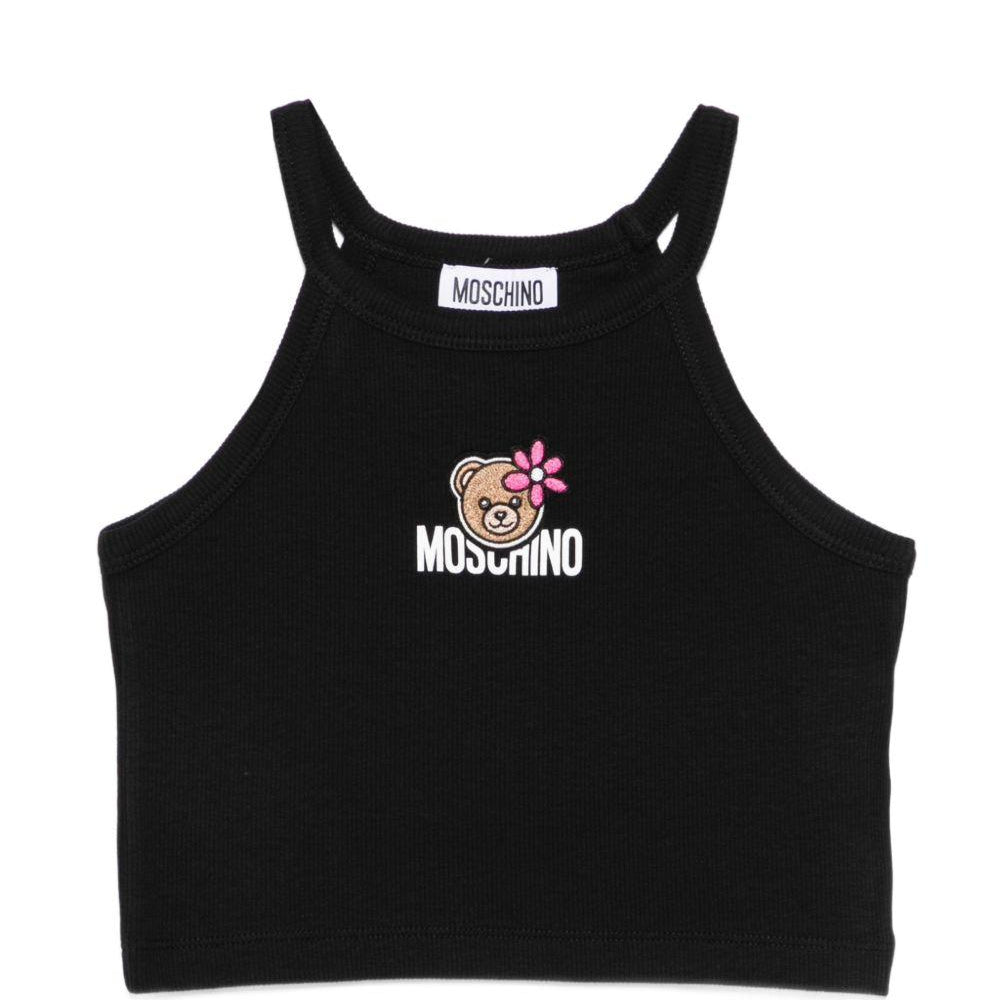 Top per bambina Moschino Kids nero con ricamo Teddy Bear HDM06ZLBA39 60100 MOSCHINO KIDS