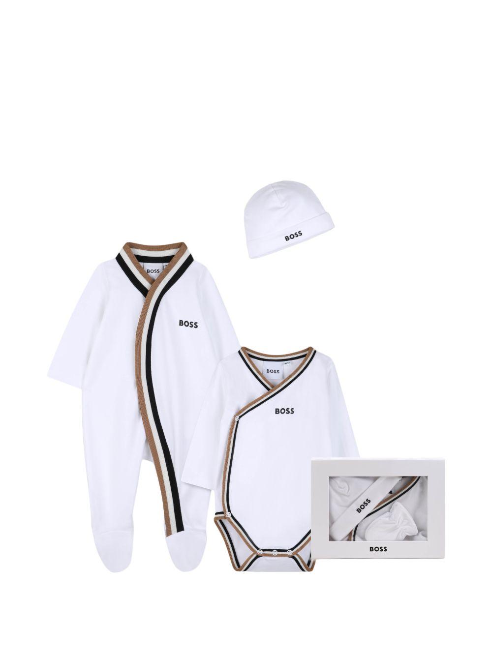 Set quattro pezzi per neonato Boss Kids bianco con logo sul davanti J53055 10P BOSS KIDS