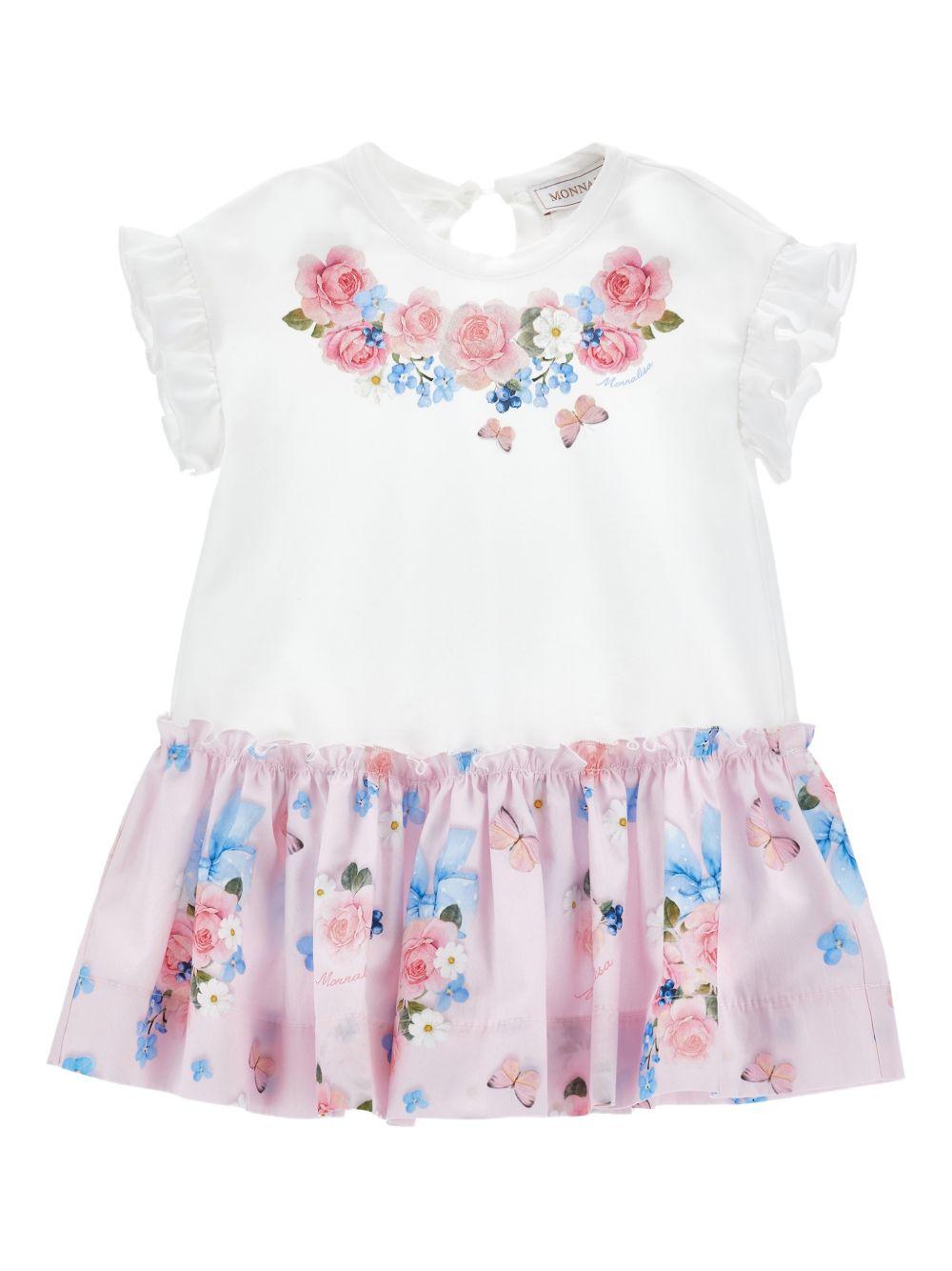 Abito per bambina Monnalisa bianco a fiori con ruches 31G901 7201 9990 MONNALISA KIDS