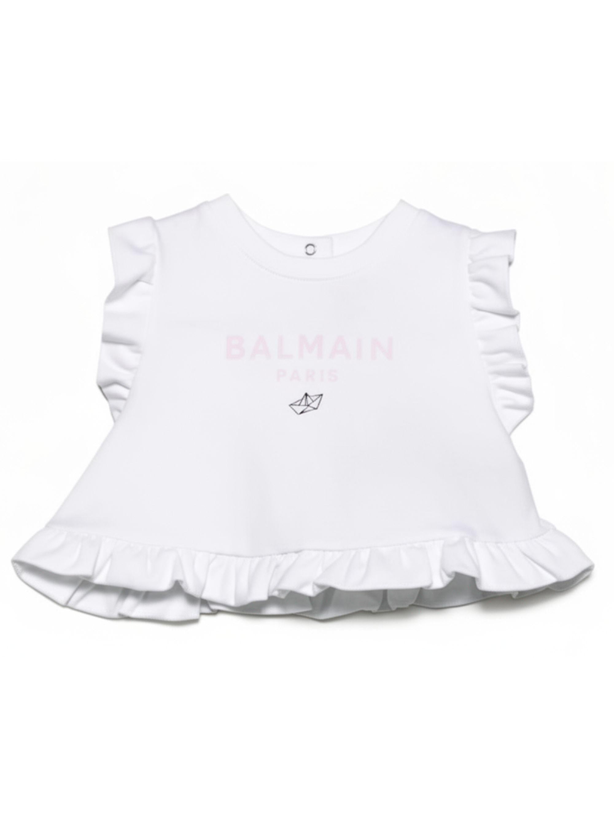 Top da neonata Balmain Kids bianco con ruches BY8032 Z3672 100RS BALMAIN KIDS