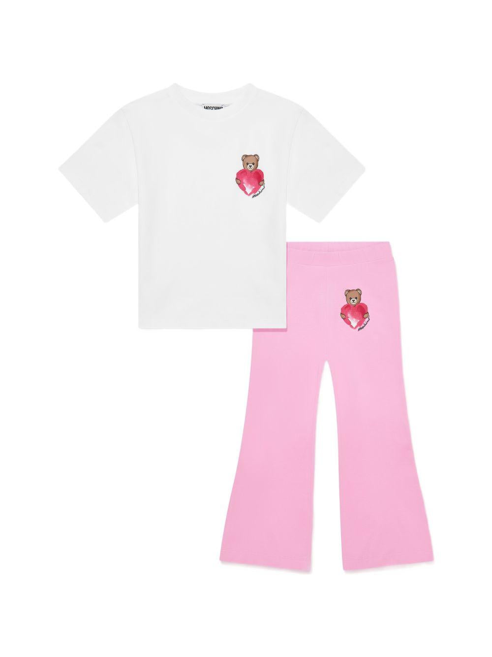 Set t-shirt e pantaloni per bambina Moschino Kids bianco e rosa con stampa Teddy Bear HDG01PLBA00 84340 MOSCHINO KIDS