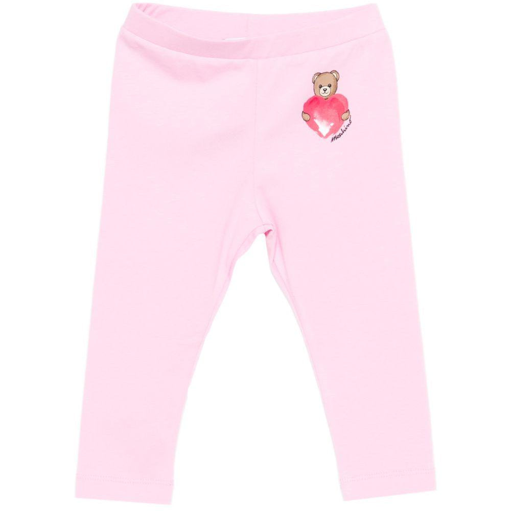Leggins per neonata Moschino Kids rosa con dettaglio Teddy Bear con cuore MIP032LBA00 51473 MOSCHINO KIDS