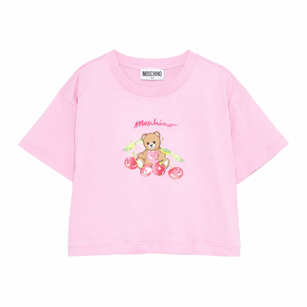 T-shirt per bambina Moschino Kids rosa con stampa ciliegie HDM075LAA02 51473 MOSCHINO KIDS
