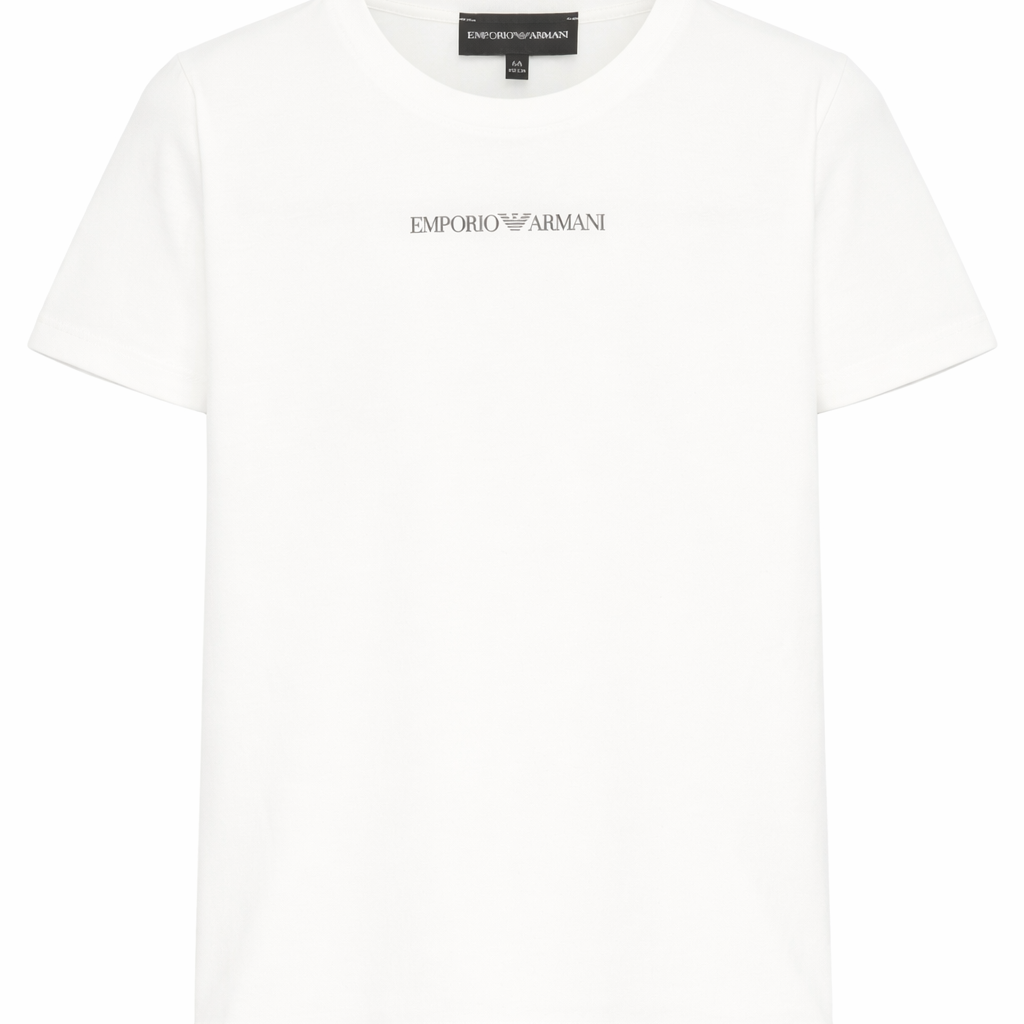 T-shirt per bambino Emporio Armani Kids bianca con logo sul davanti EB000421 AF15013 M0135 EMPORIO ARMANI KIDS
