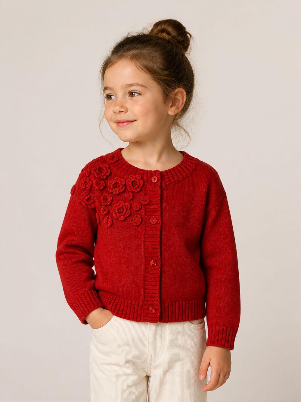 Cardigan per bambina Monnalisa Kids rosso con fiori ricamati all'uncinetto 17H802 8062 0043 MONNALISA KIDS