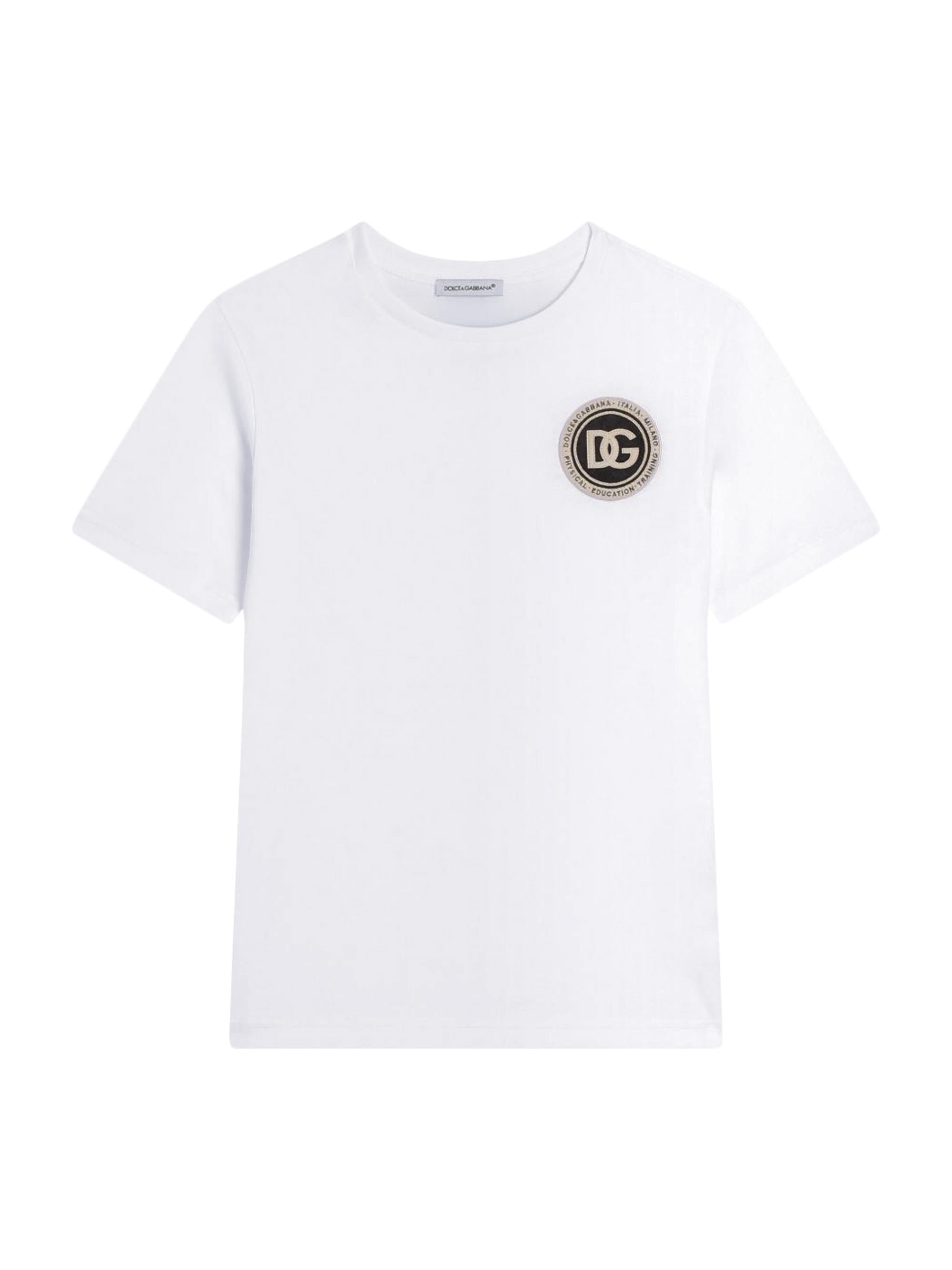 T-shirt per bambino Dolce & Gabbana Kids bianca con applicazione logo L4JTHU G7P1P W0800 DOLCE & GABBANA KIDS