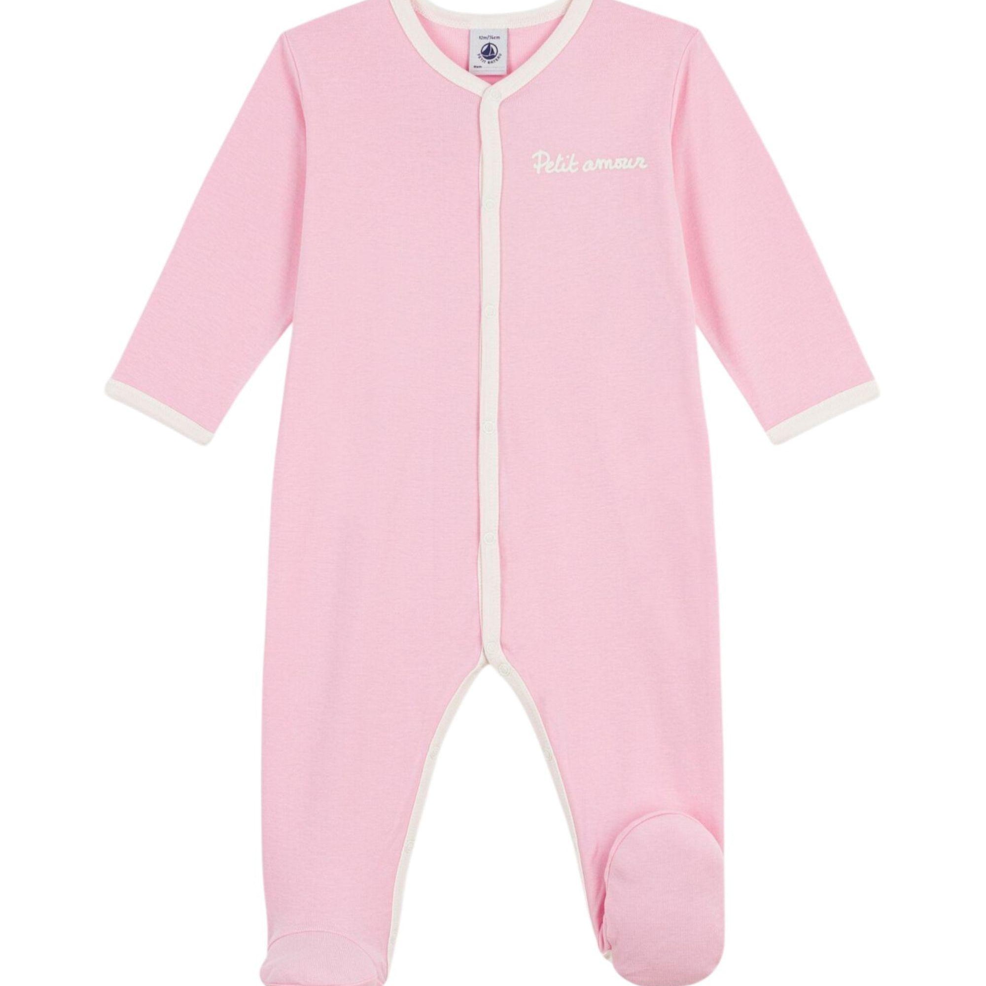 Tutina per neonata Petit Bateau rosa con scritta "petit amour" ricamata sul davanti A0FIZ 03 PETIT BATEAU KIDS