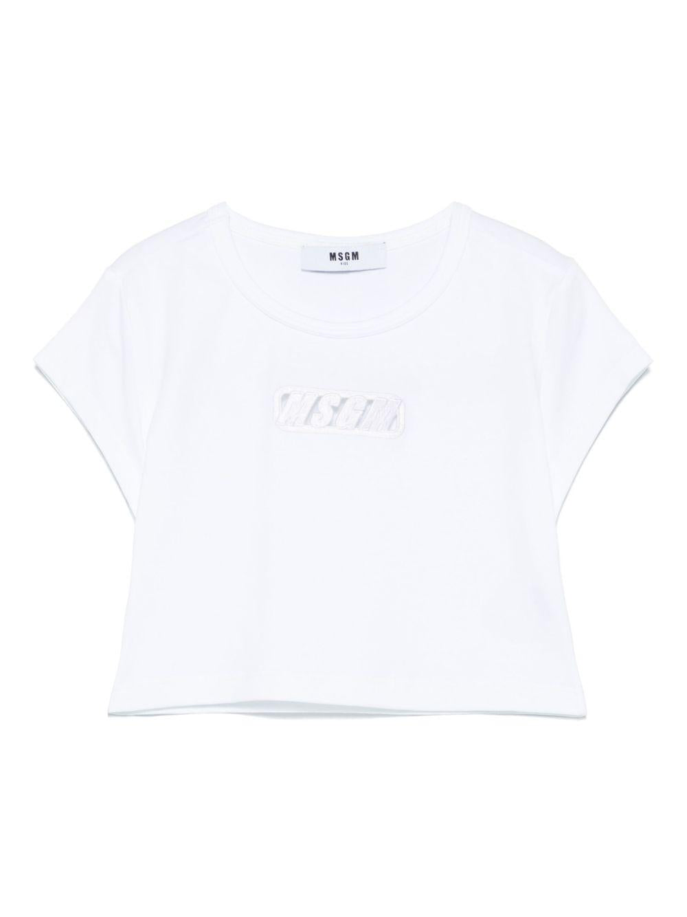 T-shirt per bambina MSGM Kids bianco in jersey elasticizzato con ricamo con logo frontale S5MSJGTH082 001 MSGM KIDS