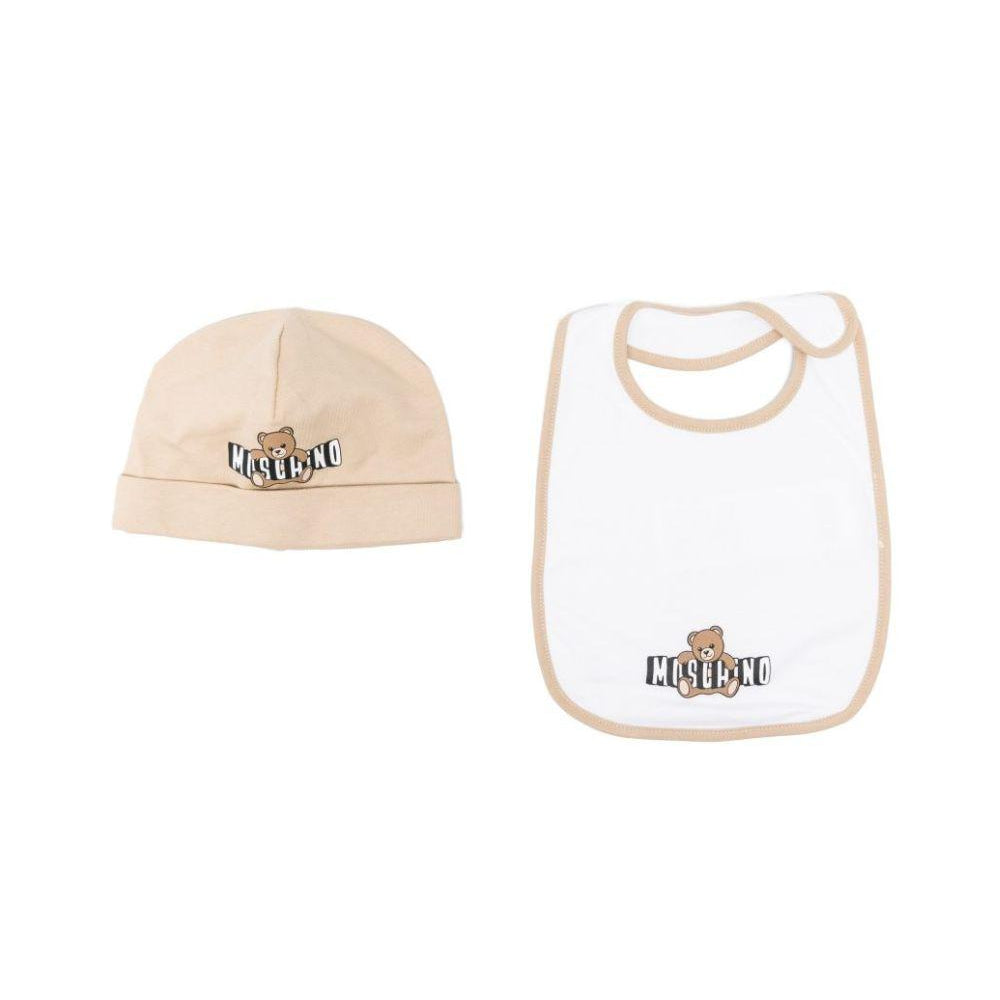 Set capellino e bavaglino per neonati Moschino Kids beige e bianco con stampa Teddy Bear MUY095LCA19 20829 MOSCHINO KIDS