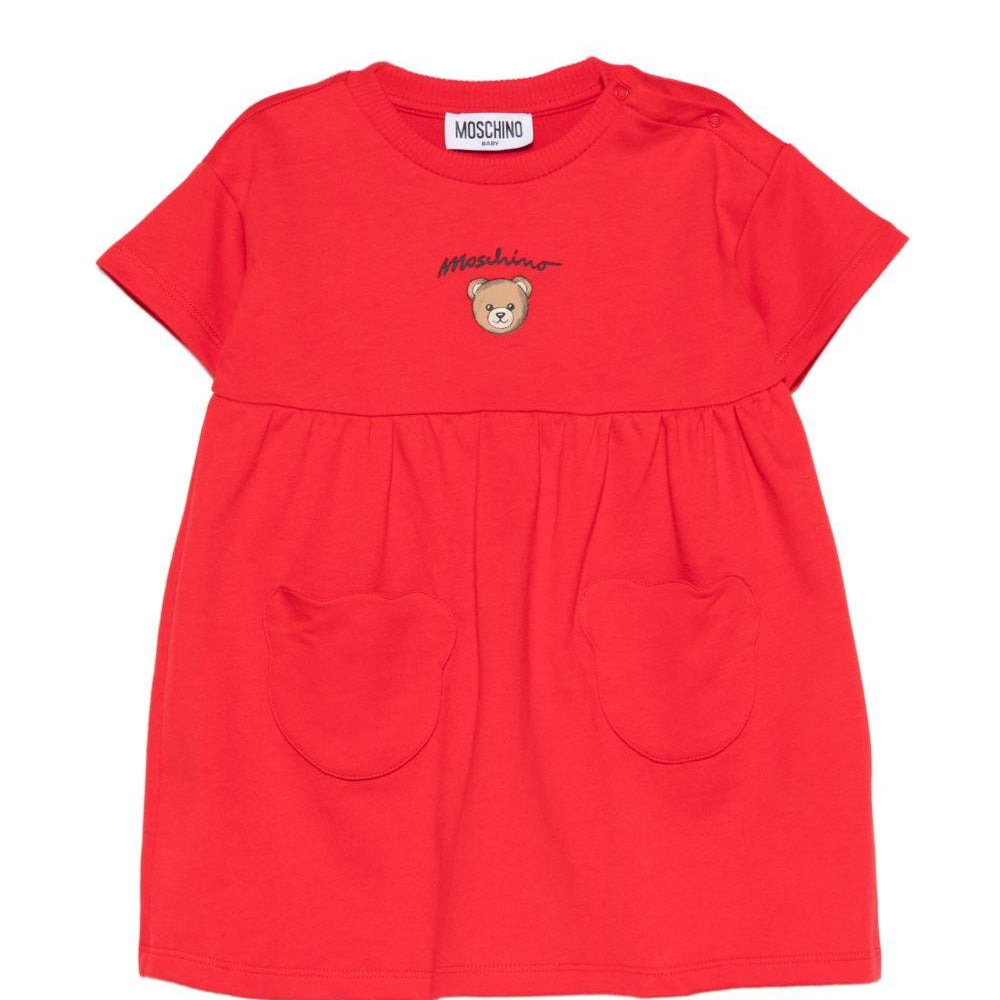 Abito per neonata Moschino Kids rosso con stampa Teddy Bear sul davanti MDV0DGLCA19 50109 MOSCHINO KIDS