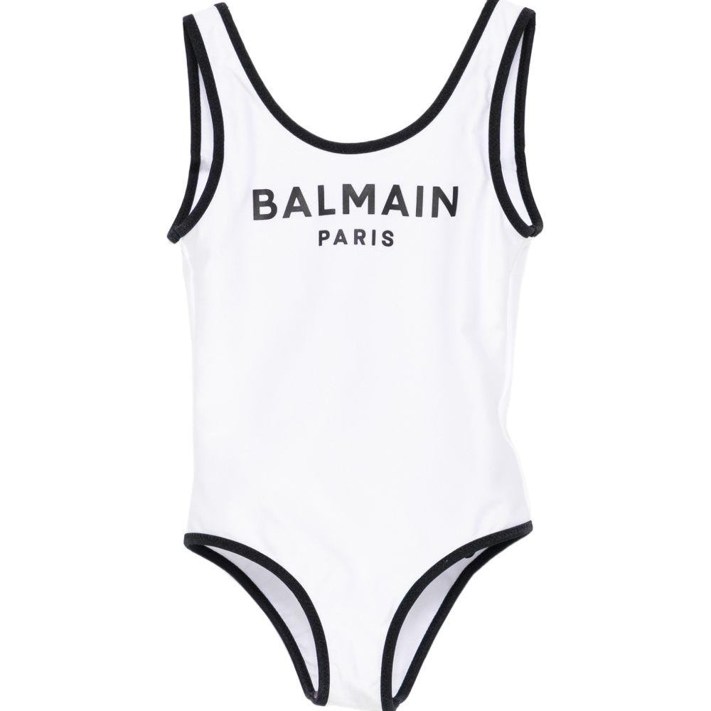 Costume per bambina Balmain Kids bianco con stampa logo sul davanti BXCA0D Z0005 100NE BALMAIN KIDS