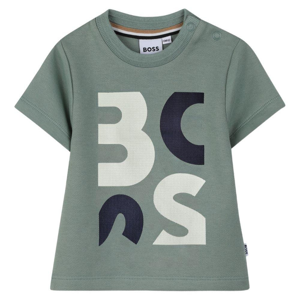 T-shirt per neonato Boss Kids verde con stampa logo sul davanti J52885 64U BOSS KIDS