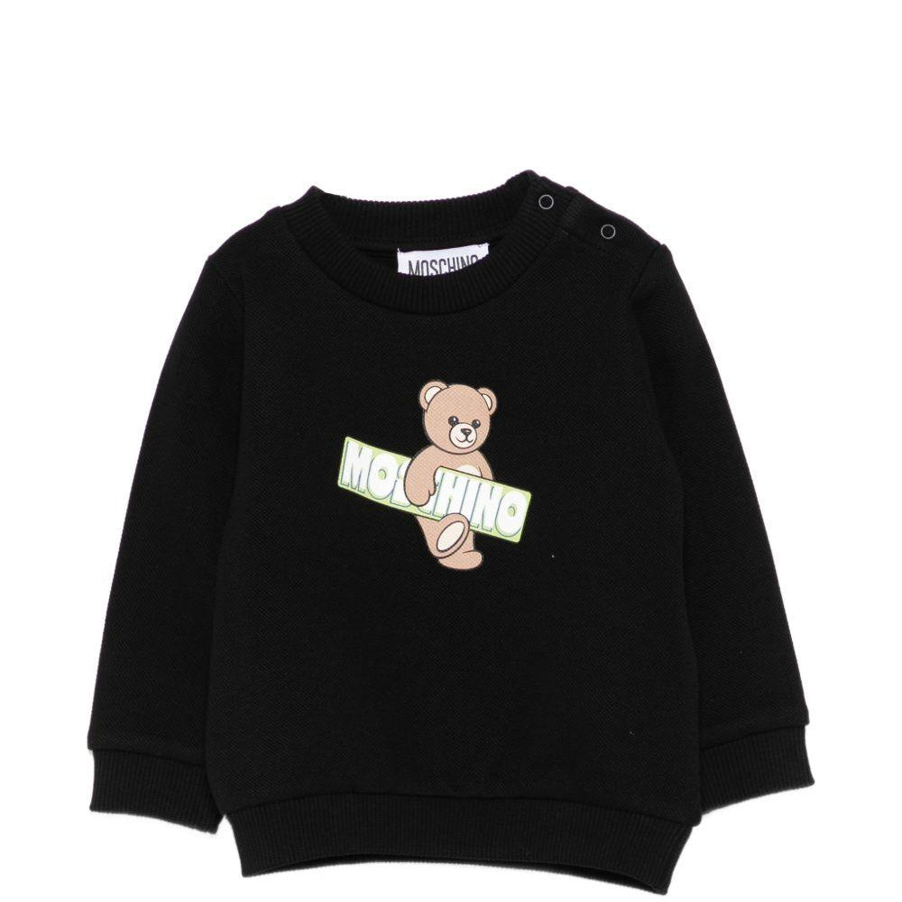 Felpa per neonati Moschino Kids nera con stampa Teddy Bear e logo sul davanti MWF060LCA90 60100 MOSCHINO KIDS