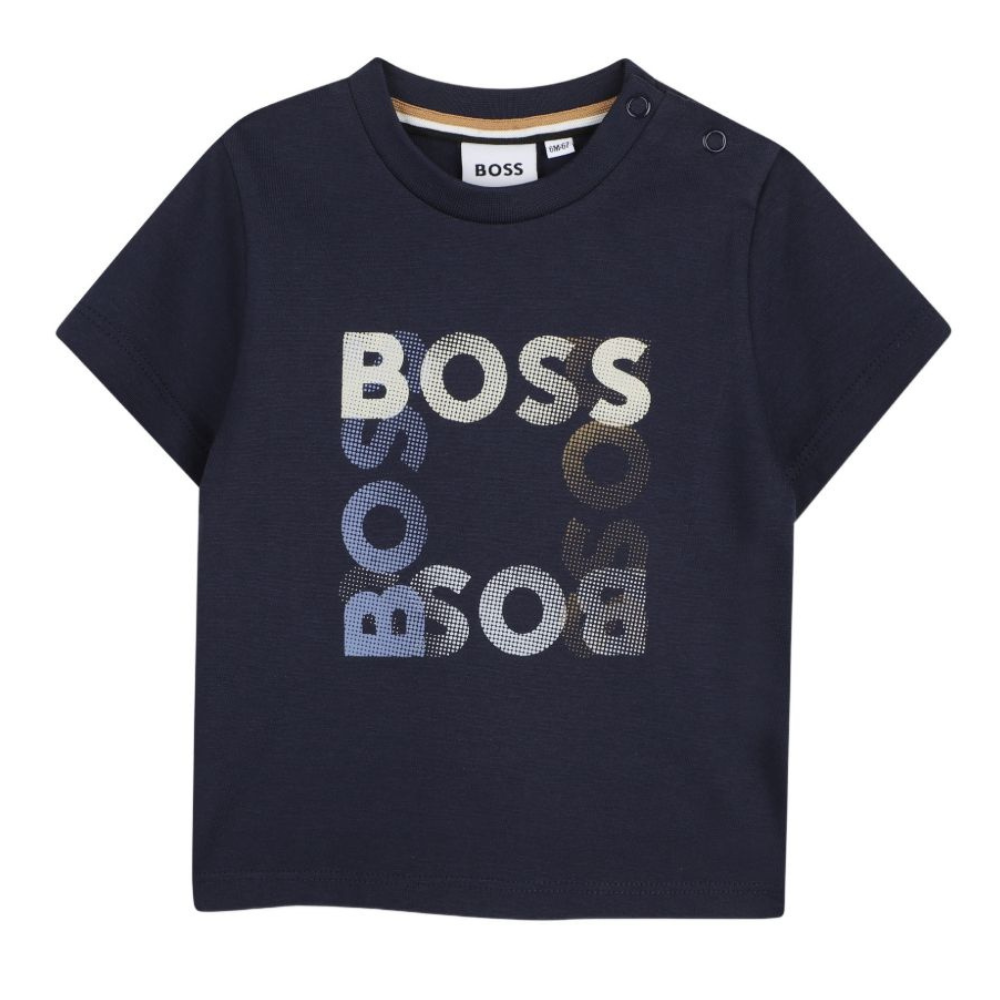 T-shirt per neonato Boss Kids blu con stampa grafica sul davanti J52882 849 BOSS KIDS