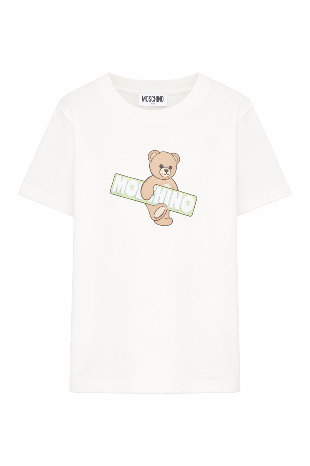 T-shirt per bambini Moschino Kids bianca con logo sul davanti HYM03SLFA07 10063 MOSCHINO KIDS