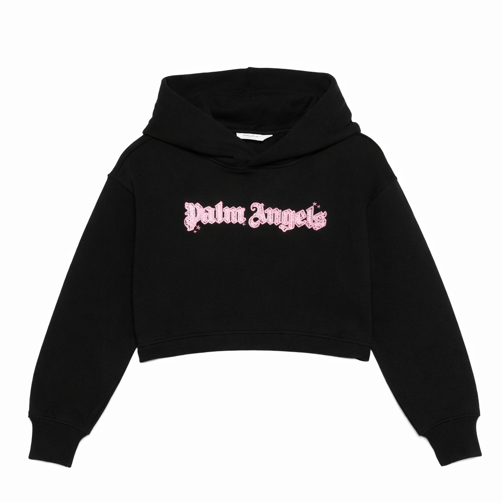 Felpa per bambina Palm Angels Kids nero con cappuccio decorato<BR/> PGBB006S26FLE001 110 PALM ANGELS KIDS