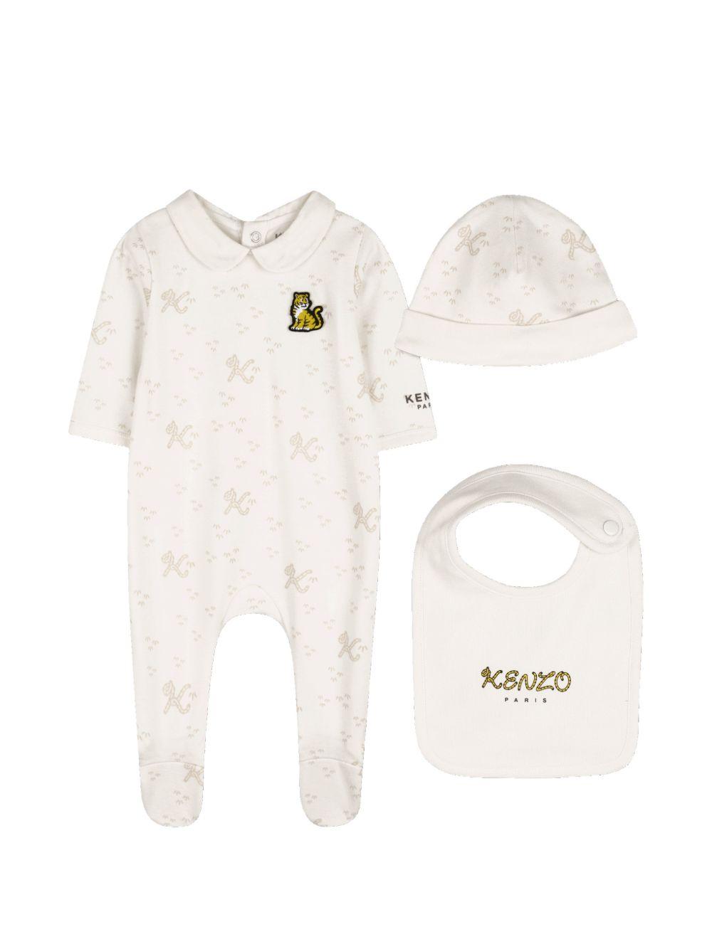 Set tutina, bavaglino e cappellino per neonato Kenzo Kids bianca con stampa a fantasia K61857 117 KENZO KIDS