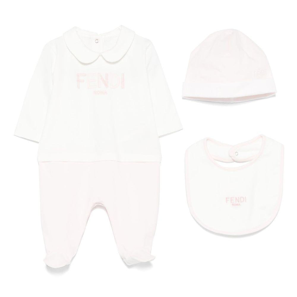 Set tutina, berretto e bavaglino per neonata Fendi Kids bianco e rosa con dettaglio logo BUK139 ST8 F0C11 FENDI KIDS