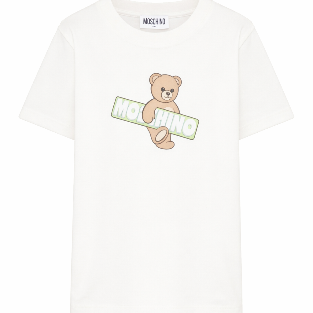 T-shirt per bambini Moschino Kids bianca con logo sul davanti HYM03SLFA07 10063 MOSCHINO KIDS