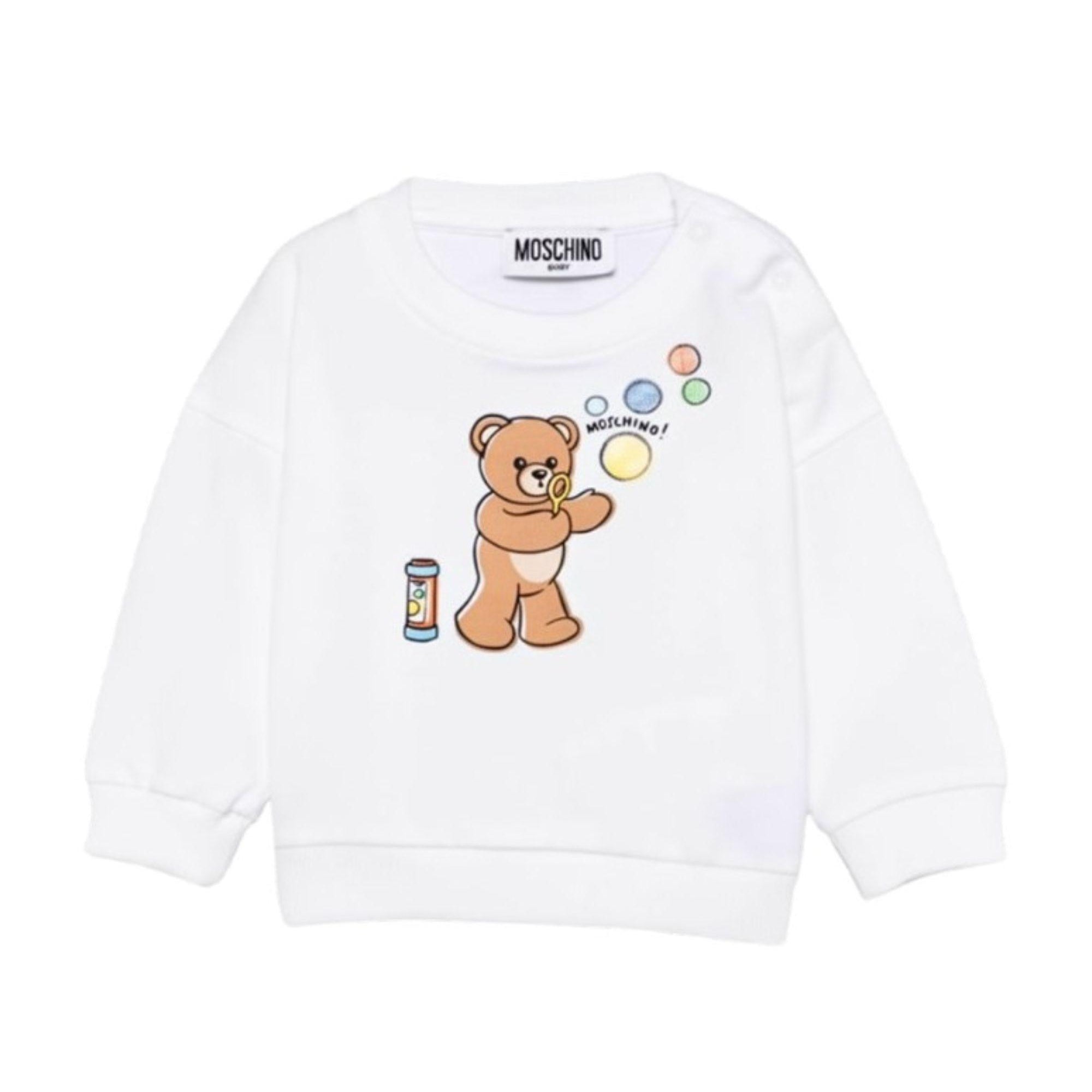 Felpa per neonati Moschino Kids bianca con stampa grafica Teddy Bear MUF069LCA19 10101 MOSCHINO KIDS