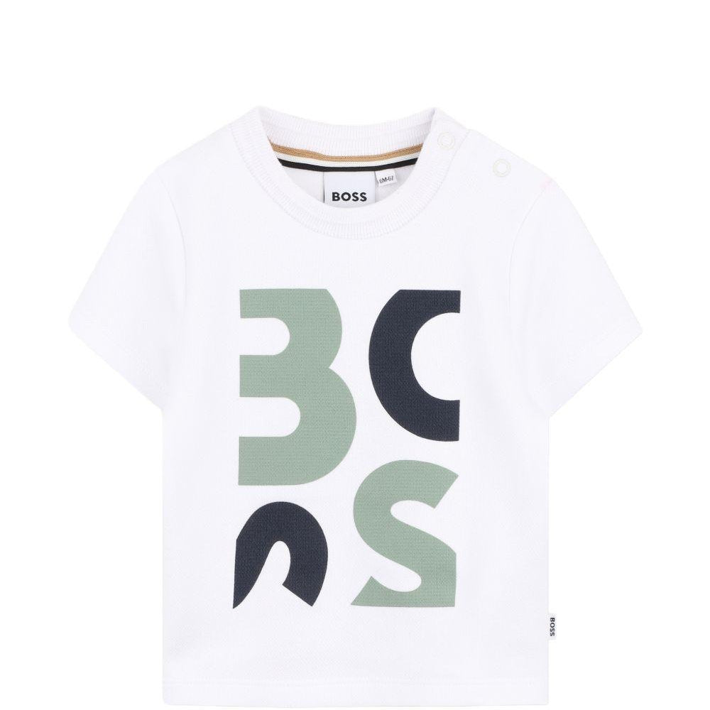 T-shirt per neonato Boss Kidswear bianco con logo sul davanti J52885 10P BOSS KIDS