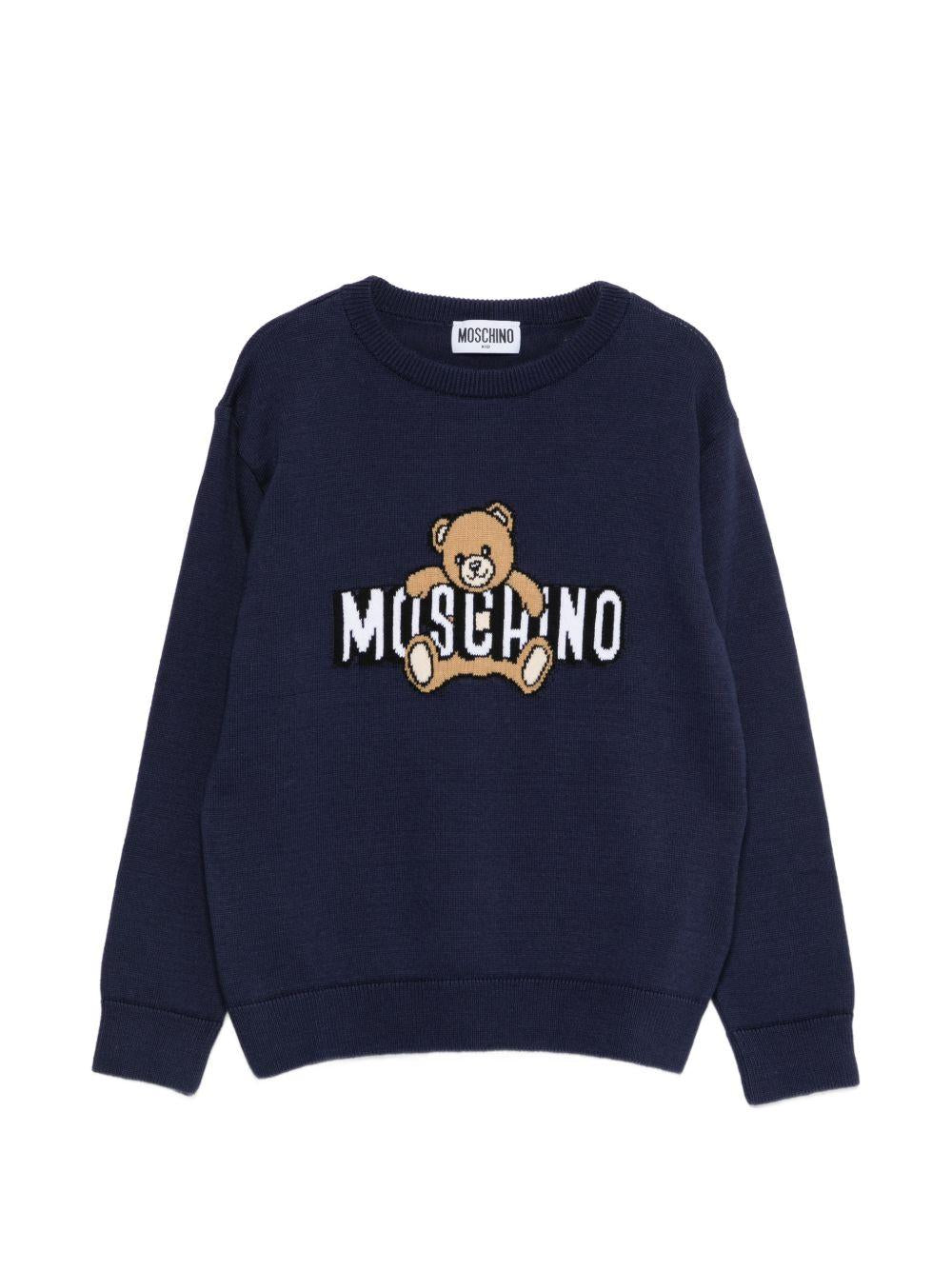Maglione per bambino Moschino Kids bu con Teddy Bear ricamato sul davanti HXW00JLHE62 40016 MOSCHINO KIDS