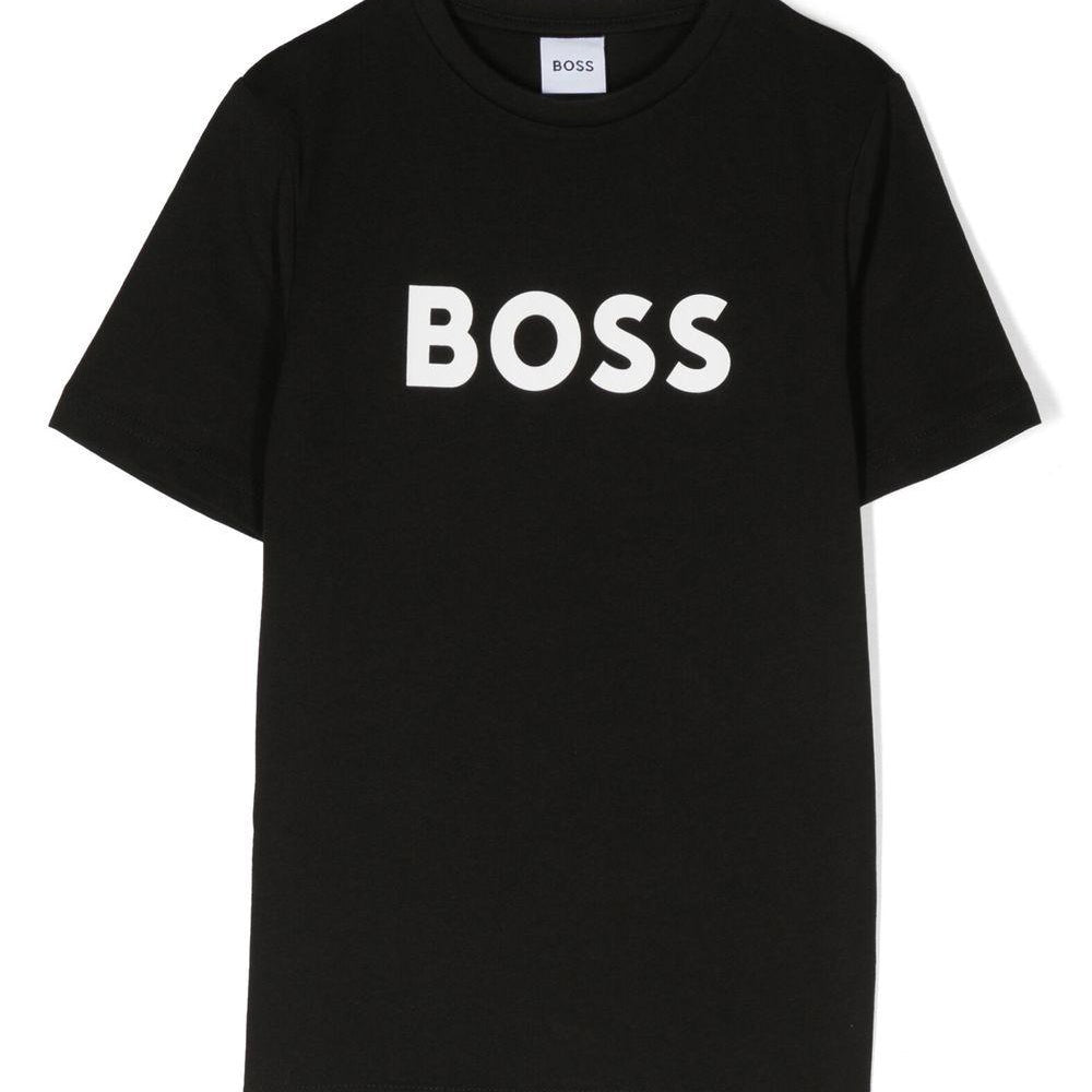 T-shirt per bambino BOSS Kidswear nero con logo goffrato bianco J25P24 09B BOSS KIDS