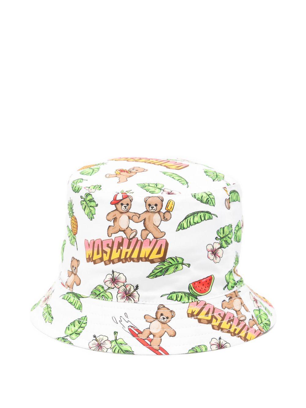 Cappello bucket per neonato Moschino Kids bianco con stampa grafica MUX05SLLB64 83657 MOSCHINO KIDS