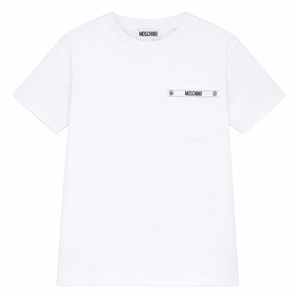 T-shirt per bambini Moschino Kids bianca con taschino sul petto HUM05MLAA01 10101 MOSCHINO KIDS