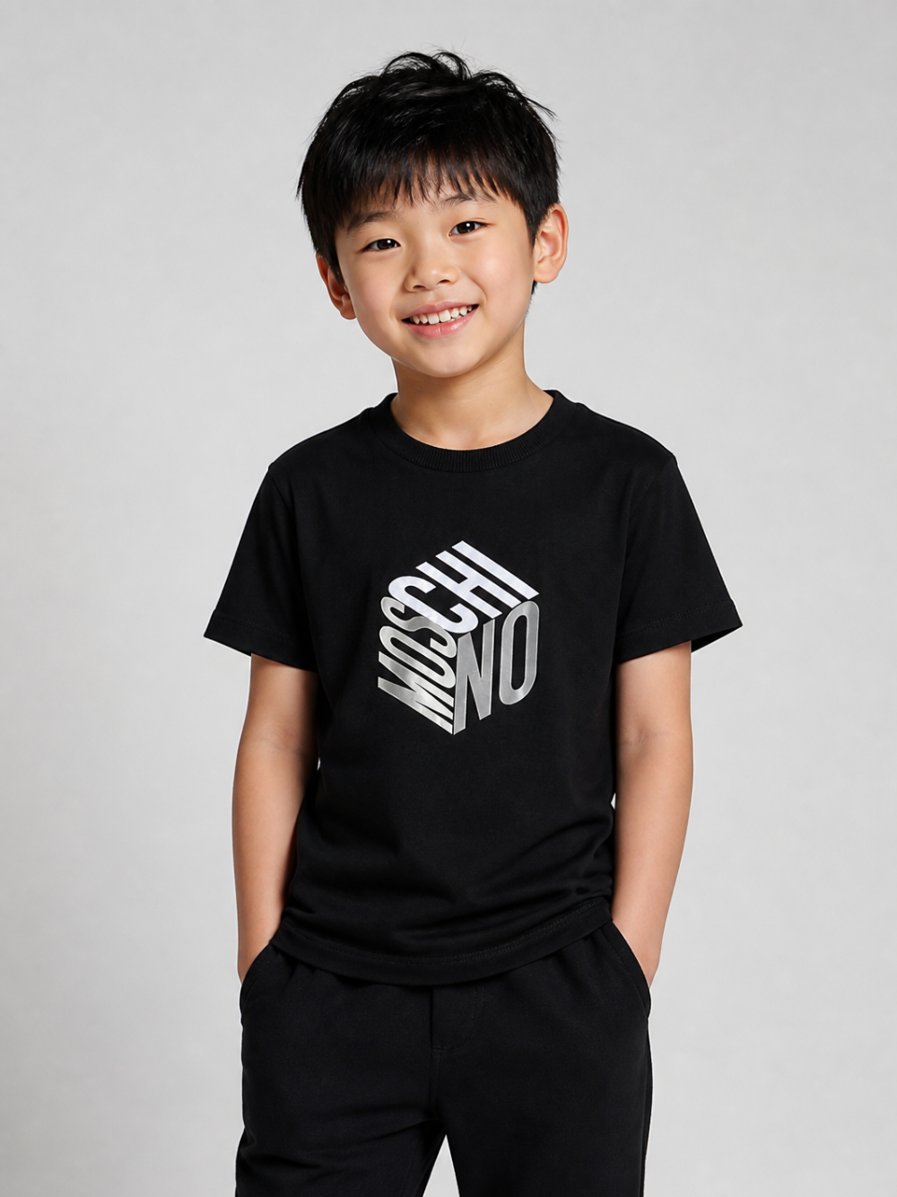 T-shirt per bambini Moschino Kids nera con stampa grafica del logo HMM05VLAA57 60100 MOSCHINO KIDS