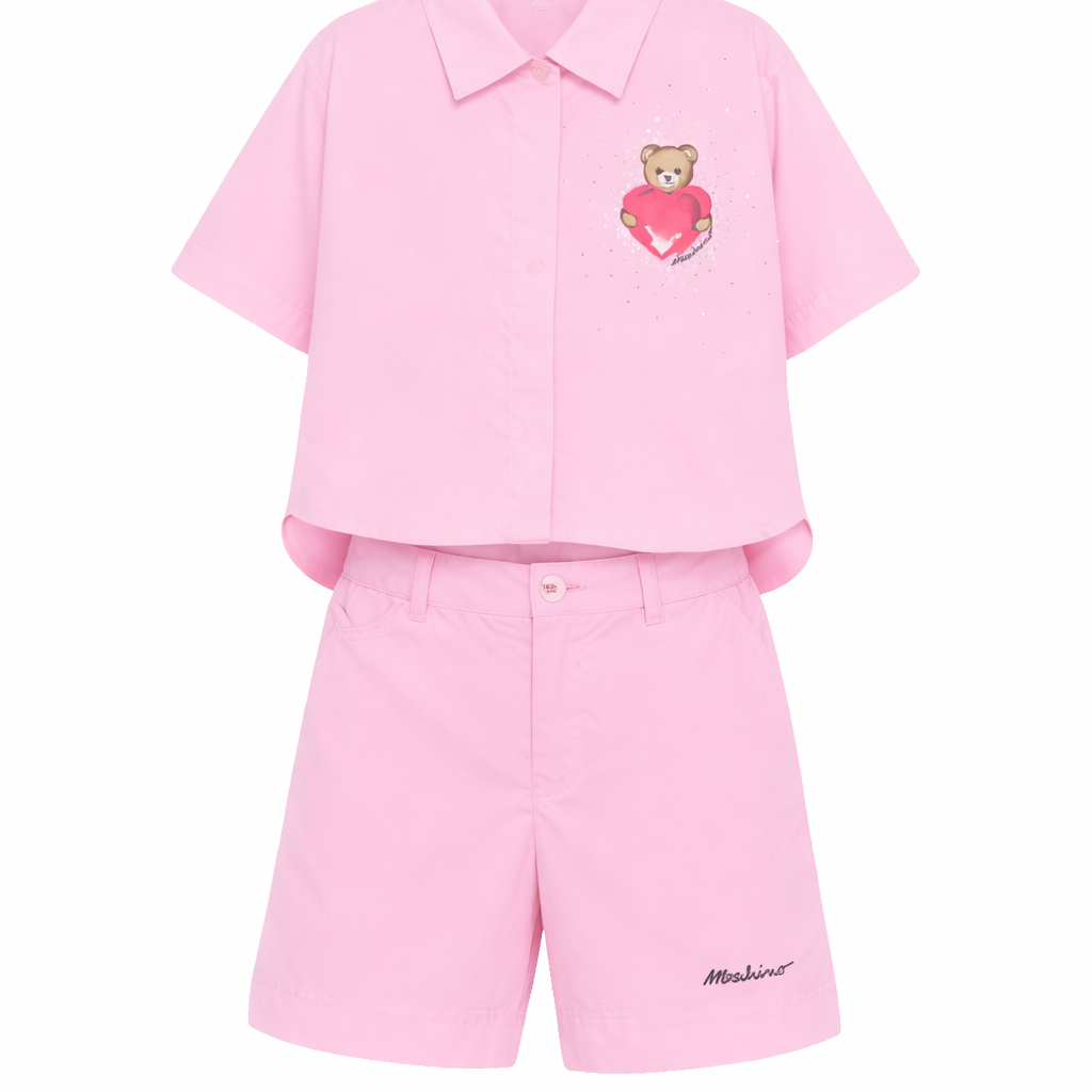 Set camicia e shorts per bambina Moschino Kids rosa con motivo Teddy Bear HDG01LLLA10 51473 MOSCHINO KIDS