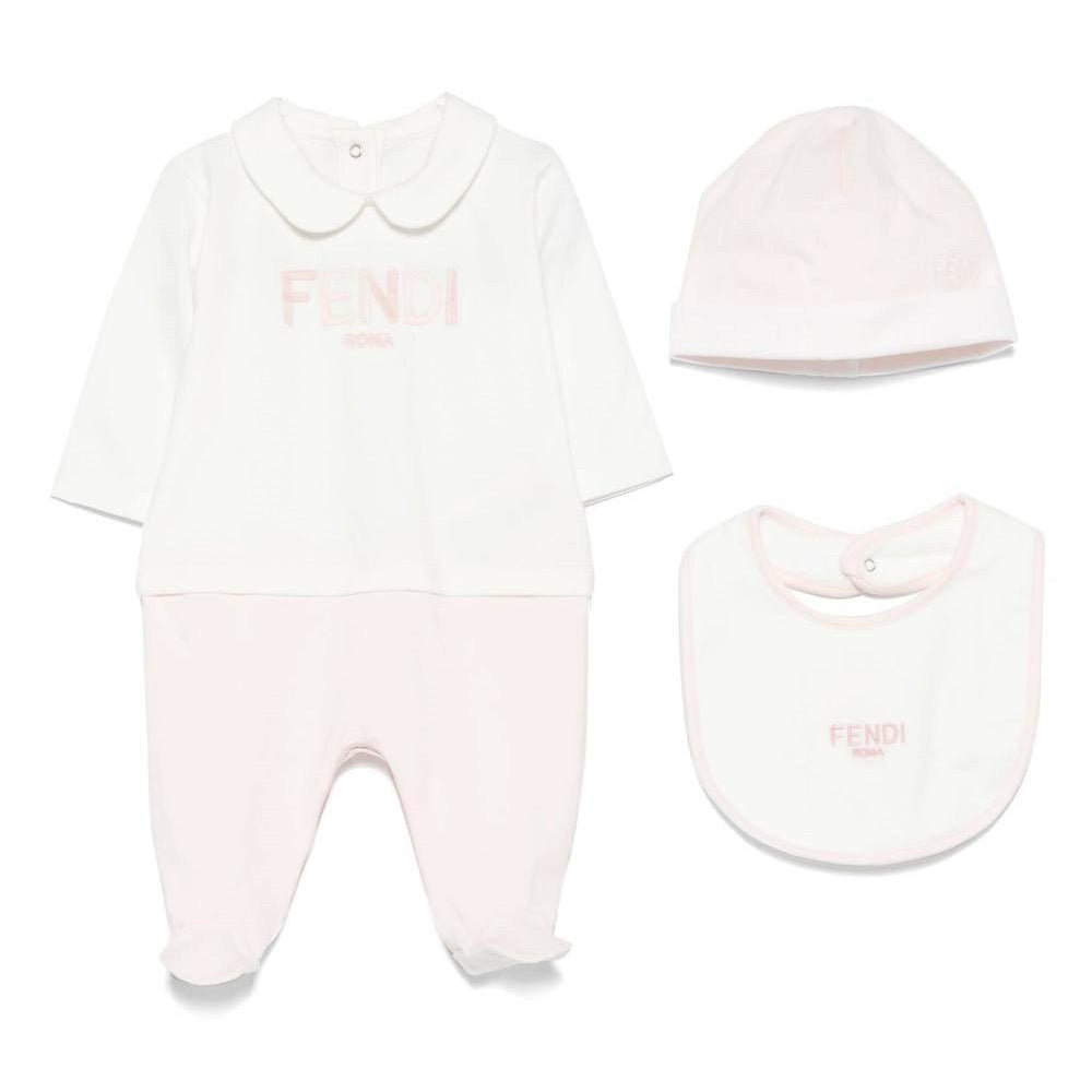Set tutina, berretto e bavaglino per neonata Fendi Kids bianco e rosa con dettaglio logo BUK139 ST8 F0C11 FENDI KIDS