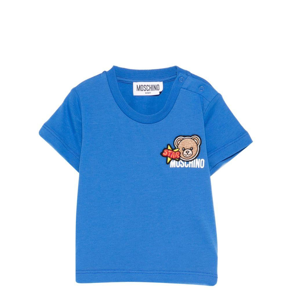 T-shirt per neonato Moschino Kids azzurra con dettagli in rilievo MVM047LAA24 40630 MOSCHINO KIDS