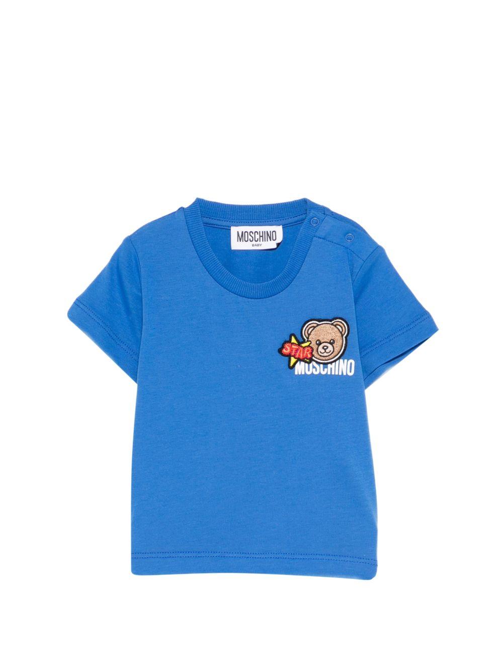 T-shirt per neonato Moschino Kids azzurra con dettagli in rilievo MVM047LAA24 40630 MOSCHINO KIDS